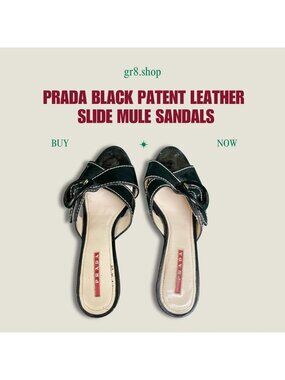 PRADA Women's Shoes Size 6.5 Black Patent Leather Slide Mule Sandals   Italy